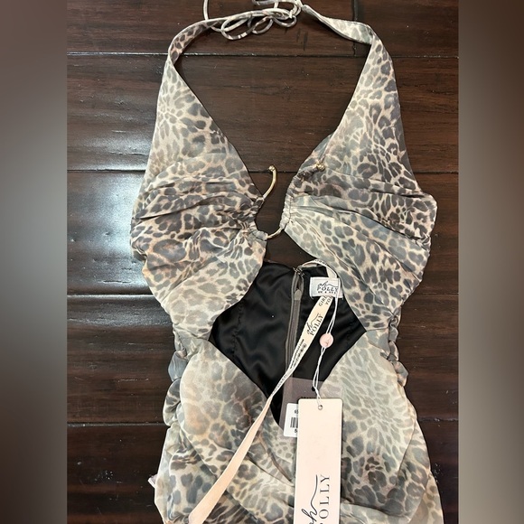 Oh Polly Halterneck Cut Out Maxi Dress in leopard sheer Print Size 2 US NWT - Picture 4 of 6